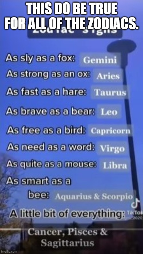 It Do Be True. | THIS DO BE TRUE FOR ALL OF THE ZODIACS. | image tagged in zodiac | made w/ Imgflip meme maker