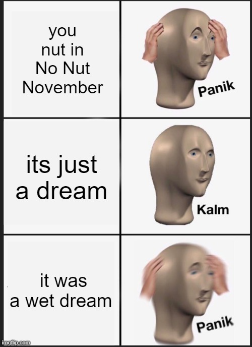 NNN | you nut in No Nut November; its just a dream; it was a wet dream | image tagged in memes,panik kalm panik | made w/ Imgflip meme maker