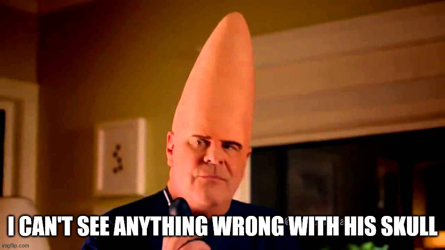 coneheads | I CAN'T SEE ANYTHING WRONG WITH HIS SKULL | image tagged in coneheads | made w/ Imgflip meme maker
