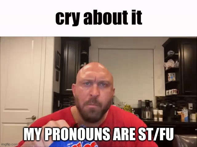Cry About It | MY PRONOUNS ARE ST/FU | image tagged in cry about it | made w/ Imgflip meme maker
