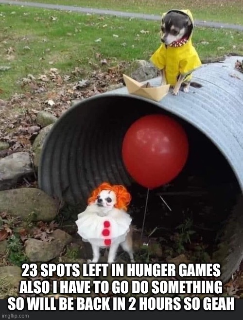 23 SPOTS LEFT IN HUNGER GAMES
ALSO I HAVE TO GO DO SOMETHING SO WILL BE BACK IN 2 HOURS SO YEAH | made w/ Imgflip meme maker