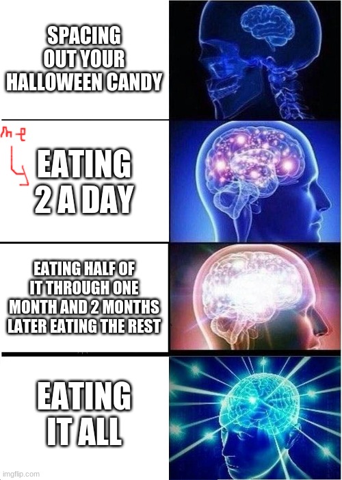 Expanding Brain | SPACING OUT YOUR HALLOWEEN CANDY; EATING 2 A DAY; EATING HALF OF IT THROUGH ONE MONTH AND 2 MONTHS LATER EATING THE REST; EATING IT ALL | image tagged in memes,expanding brain | made w/ Imgflip meme maker