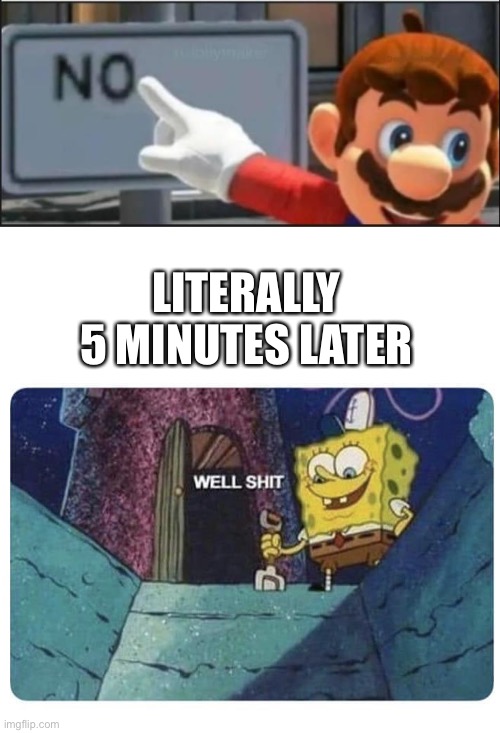 LITERALLY 5 MINUTES LATER | image tagged in mario no,well shit spongebob edition | made w/ Imgflip meme maker