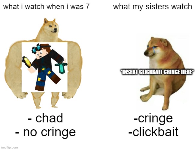 "hey scout from tf2, can you break gatcha life creator's kneecaps. Thanks" | what i watch when i was 7; what my sisters watch; *INSERT CLICKBAIT CRINGE HERE*; - chad
- no cringe; -cringe
-clickbait | image tagged in memes,buff doge vs cheems | made w/ Imgflip meme maker