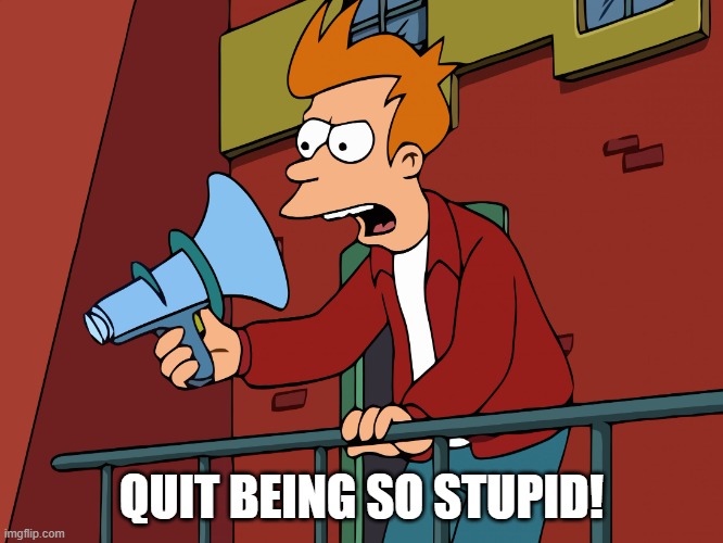 Futurama Fry Megaphone | QUIT BEING SO STUPID! | image tagged in futurama fry megaphone | made w/ Imgflip meme maker