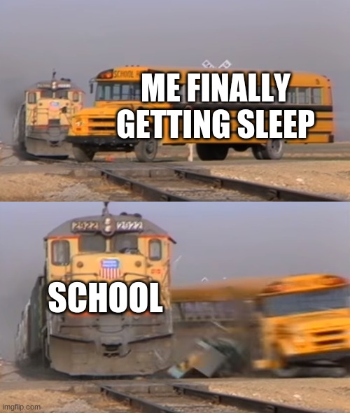 A train hitting a school bus | ME FINALLY GETTING SLEEP; SCHOOL | image tagged in a train hitting a school bus | made w/ Imgflip meme maker
