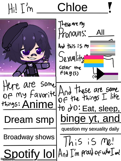 Hello, friend! :) | Chloe; All; Anime; Eat, sleep, Dream smp; binge yt, and; question my sexuality daily; Broadway shows; Spotify lol | image tagged in lgbtq stream account profile | made w/ Imgflip meme maker