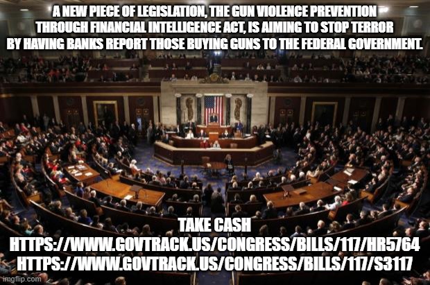 A new piece of legislation | A NEW PIECE OF LEGISLATION, THE GUN VIOLENCE PREVENTION THROUGH FINANCIAL INTELLIGENCE ACT, IS AIMING TO STOP TERROR BY HAVING BANKS REPORT THOSE BUYING GUNS TO THE FEDERAL GOVERNMENT. TAKE CASH
HTTPS://WWW.GOVTRACK.US/CONGRESS/BILLS/117/HR5764
HTTPS://WWW.GOVTRACK.US/CONGRESS/BILLS/117/S3117 | image tagged in congress,gun control | made w/ Imgflip meme maker