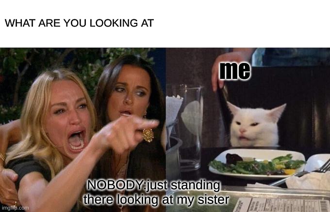 siblings | WHAT ARE YOU LOOKING AT; me; NOBODY:just standing there looking at my sister | image tagged in memes,woman yelling at cat | made w/ Imgflip meme maker