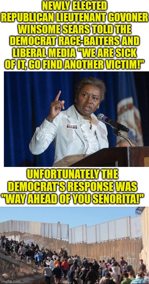 Fully expect race-bait Democrat to try the same thing with the millions of illegals Biden is flooding the country with.... | NEWLY ELECTED REPUBLICAN LIEUTENANT GOVONER WINSOME SEARS TOLD THE DEMOCRAT RACE-BAITERS AND LIBERAL MEDIA "WE ARE SICK OF IT, GO FIND ANOTHER VICTIM!"; UNFORTUNATELY THE DEMOCRAT'S RESPONSE WAS "WAY AHEAD OF YOU SENORITA!" | image tagged in blank white template,illegal immigrants,black,voters,virginia | made w/ Imgflip meme maker