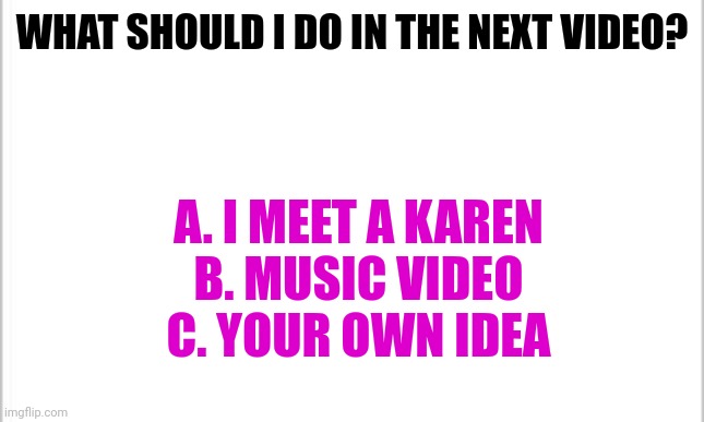 Poll | WHAT SHOULD I DO IN THE NEXT VIDEO? A. I MEET A KAREN
B. MUSIC VIDEO
C. YOUR OWN IDEA | made w/ Imgflip meme maker