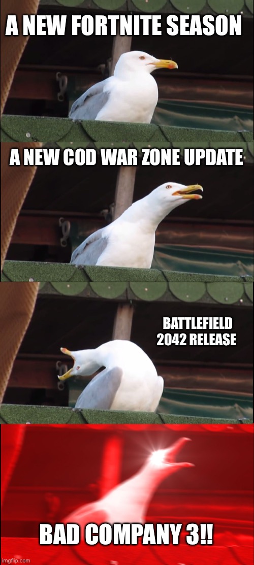 Inhaling Seagull Meme | A NEW FORTNITE SEASON; A NEW COD WAR ZONE UPDATE; BATTLEFIELD 2042 RELEASE; BAD COMPANY 3!! | image tagged in memes,inhaling seagull,oh wow are you actually reading these tags | made w/ Imgflip meme maker