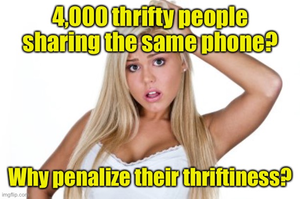 Dumb Blonde | 4,000 thrifty people sharing the same phone? Why penalize their thriftiness? | image tagged in dumb blonde | made w/ Imgflip meme maker