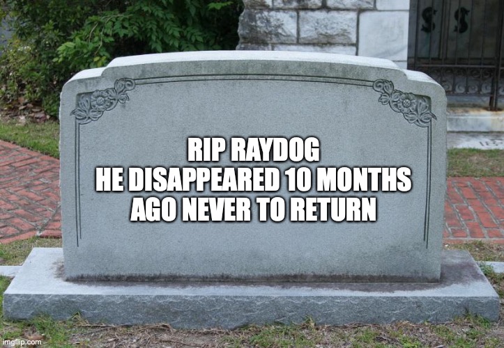 RIP (made in early November 2020) | RIP RAYDOG
HE DISAPPEARED 10 MONTHS AGO NEVER TO RETURN | image tagged in gravestone,raydog,imgflip | made w/ Imgflip meme maker