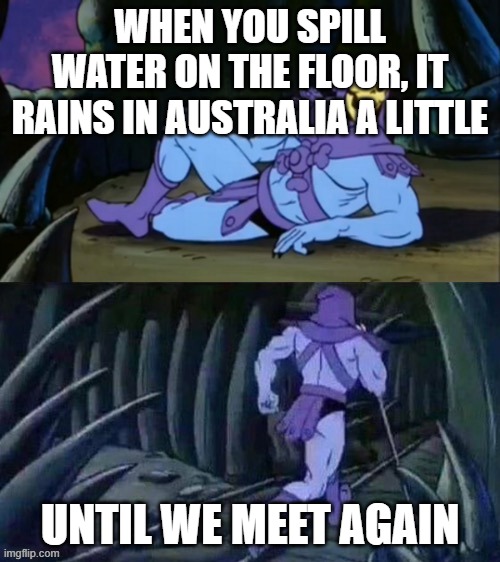 Skeletor disturbing facts | WHEN YOU SPILL WATER ON THE FLOOR, IT RAINS IN AUSTRALIA A LITTLE; UNTIL WE MEET AGAIN | image tagged in skeletor disturbing facts | made w/ Imgflip meme maker