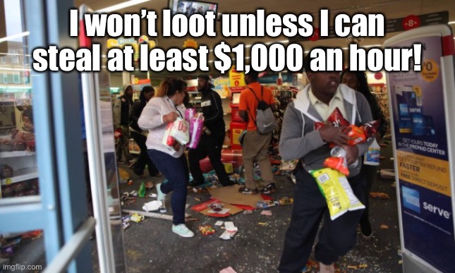 looters | I won’t loot unless I can steal at least $1,000 an hour! | image tagged in looters | made w/ Imgflip meme maker