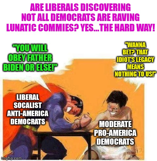 Liberals may have taken a beating this Nov 3rd. But do not expect them to change their lunacy. The brainwashing is strong! | ARE LIBERALS DISCOVERING NOT ALL DEMOCRATS ARE RAVING LUNATIC COMMIES? YES...THE HARD WAY! "YOU WILL OBEY FATHER BIDEN OR ELSE!"; "WANNA BET? THAT IDIOT'S LEGACY MEANS NOTHING TO US!"; LIBERAL SOCALIST ANTI-AMERICA DEMOCRATS; MODERATE PRO-AMERICA DEMOCRATS | image tagged in superman arm wrestling,stupid liberals,modern problems,misunderstood | made w/ Imgflip meme maker