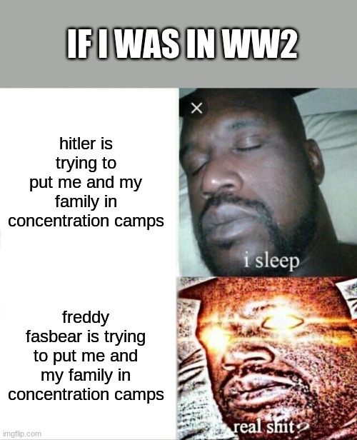 shitpost | hitler is trying to put me and my family in concentration camps freddy fasbear is trying to put me and my family in concentration camps IF I | image tagged in memes,sleeping shaq | made w/ Imgflip meme maker