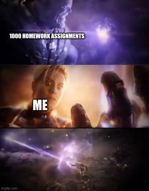 cap'n marvel and fat head | 1000 HOMEWORK ASSIGNMENTS; ME | image tagged in thanos vs captain marvel | made w/ Imgflip meme maker