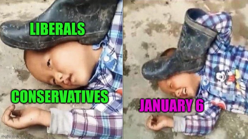 victimization of the right | LIBERALS; CONSERVATIVES; JANUARY 6 | image tagged in pressing a boot on your own head,ashli babbitt,january 6,liberals vs conservatives,conservative hypocrisy,white nationalism | made w/ Imgflip meme maker