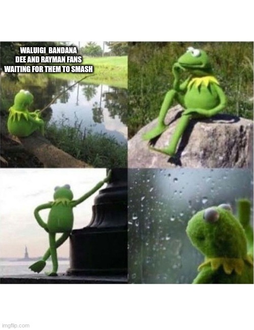 :( | WALUIGI  BANDANA DEE AND RAYMAN FANS WAITING FOR THEM TO SMASH | image tagged in blank kermit waiting,ssb | made w/ Imgflip meme maker