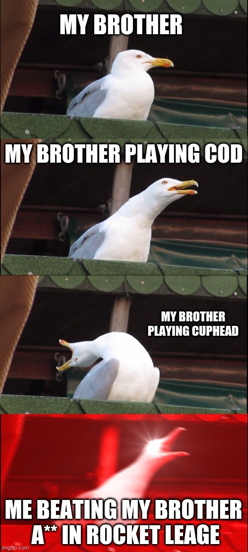 Inhaling Seagull | MY BROTHER; MY BROTHER PLAYING COD; MY BROTHER PLAYING CUPHEAD; ME BEATING MY BROTHER  A** IN ROCKET LEAGE | image tagged in memes,inhaling seagull | made w/ Imgflip meme maker