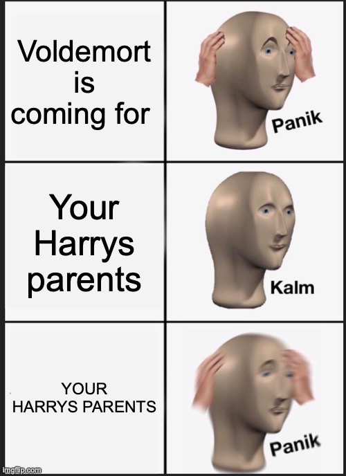Harry Potter memes | Voldemort is coming for; Your Harrys parents; YOUR HARRYS PARENTS | image tagged in memes,panik kalm panik | made w/ Imgflip meme maker