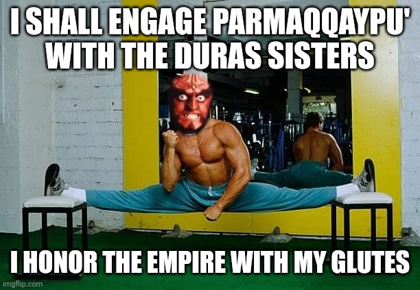 I SHALL ENGAGE PARMAQQAYPU' WITH THE DURAS SISTERS; I HONOR THE EMPIRE WITH MY GLUTES | image tagged in gowron | made w/ Imgflip meme maker