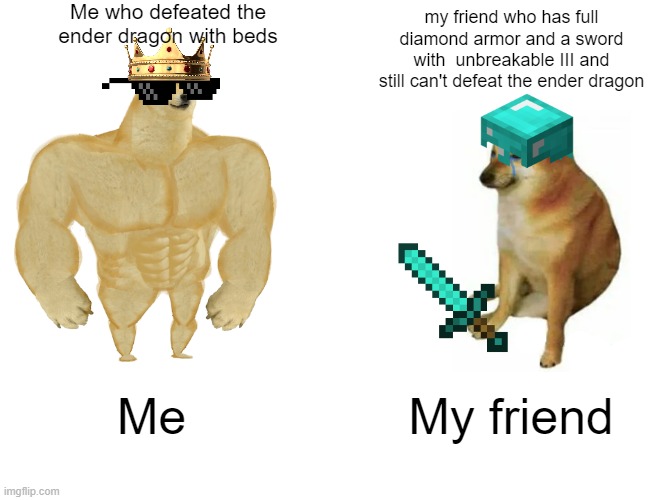 why... just why | Me who defeated the ender dragon with beds; my friend who has full diamond armor and a sword with  unbreakable III and still can't defeat the ender dragon; Me; My friend | image tagged in memes,buff doge vs cheems | made w/ Imgflip meme maker