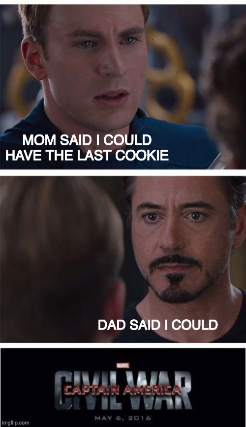 the last cookie | MOM SAID I COULD HAVE THE LAST COOKIE; DAD SAID I COULD | image tagged in memes,marvel civil war 1,sibling rivalry,cookies | made w/ Imgflip meme maker
