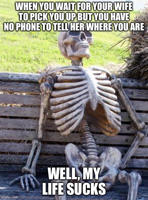 Waiting for wife | WHEN YOU WAIT FOR YOUR WIFE TO PICK YOU UP BUT YOU HAVE NO PHONE TO TELL HER WHERE YOU ARE; WELL, MY LIFE SUCKS | image tagged in memes,waiting skeleton | made w/ Imgflip meme maker