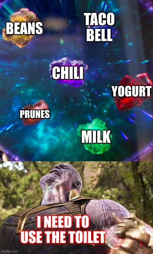 I need to use the toilet |  BEANS; TACO BELL; CHILI; YOGURT; PRUNES; MILK; I NEED TO USE THE TOILET | image tagged in thanos infinity stones,food,meme,funny,poop | made w/ Imgflip meme maker