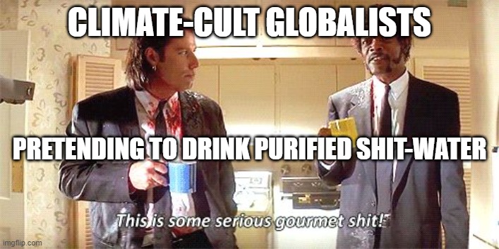 This is some serious gourmet shit | CLIMATE-CULT GLOBALISTS; PRETENDING TO DRINK PURIFIED SHIT-WATER | image tagged in this is some serious gourmet shit | made w/ Imgflip meme maker