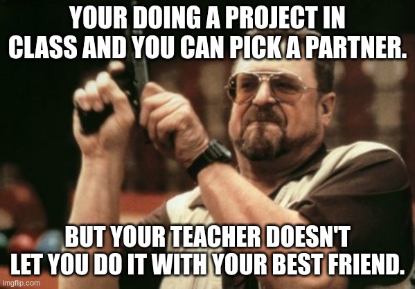 Idk a good title | YOUR DOING A PROJECT IN CLASS AND YOU CAN PICK A PARTNER. BUT YOUR TEACHER DOESN'T LET YOU DO IT WITH YOUR BEST FRIEND. | image tagged in memes,am i the only one around here | made w/ Imgflip meme maker