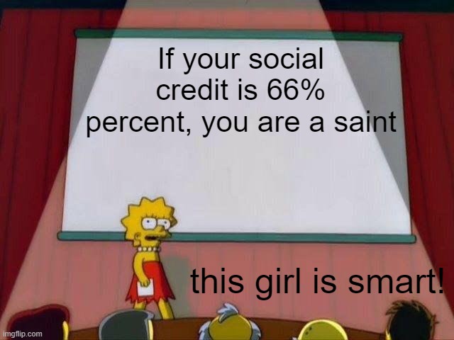 noice | If your social credit is 66% percent, you are a saint; this girl is smart! | image tagged in lisa simpson's presentation | made w/ Imgflip meme maker