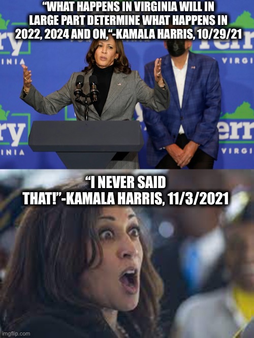 Yes you did say that, and it’s all on record that can be easily found. | “WHAT HAPPENS IN VIRGINIA WILL IN LARGE PART DETERMINE WHAT HAPPENS IN 2022, 2024 AND ON,“-KAMALA HARRIS, 10/29/21; “I NEVER SAID THAT!”-KAMALA HARRIS, 11/3/2021 | image tagged in kamala harris,virginia,liberal logic,memes,2022,democrats | made w/ Imgflip meme maker