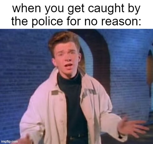 rick astley never gonna let you down | when you get caught by the police for no reason: | image tagged in rick astley never gonna let you down | made w/ Imgflip meme maker