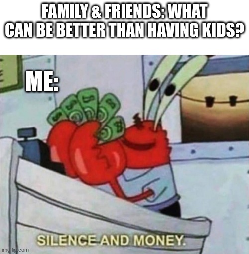 Silence and money | FAMILY & FRIENDS: WHAT CAN BE BETTER THAN HAVING KIDS? ME: | image tagged in silence and money | made w/ Imgflip meme maker