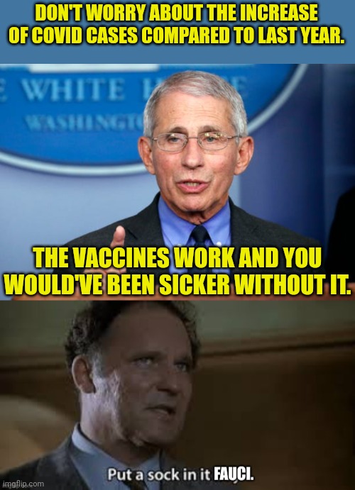 Nobody should believe anything he says. | DON'T WORRY ABOUT THE INCREASE OF COVID CASES COMPARED TO LAST YEAR. THE VACCINES WORK AND YOU WOULD'VE BEEN SICKER WITHOUT IT. | image tagged in dr fauci,china virus,vaccines,covid-19,media lies,government corruption | made w/ Imgflip meme maker