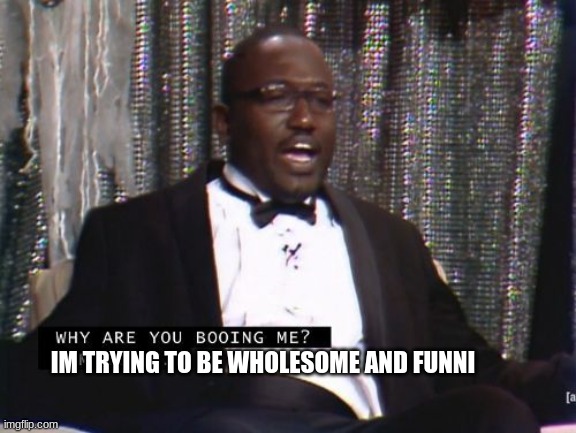 Why are you booing me? I'm right. | IM TRYING TO BE WHOLESOME AND FUNNI | image tagged in why are you booing me i'm right | made w/ Imgflip meme maker