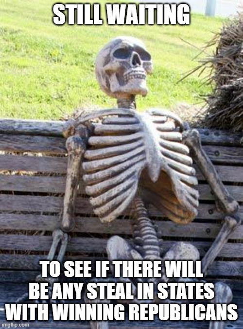 Or if they decided to stop cheating | STILL WAITING; TO SEE IF THERE WILL BE ANY STEAL IN STATES WITH WINNING REPUBLICANS | image tagged in memes,waiting skeleton,democrats | made w/ Imgflip meme maker