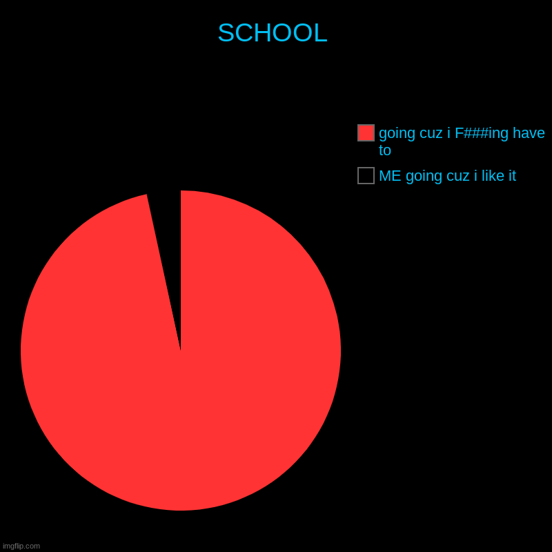 SCHOOL | ME going cuz i like it, going cuz i F###ing have to | image tagged in charts,pie charts | made w/ Imgflip chart maker