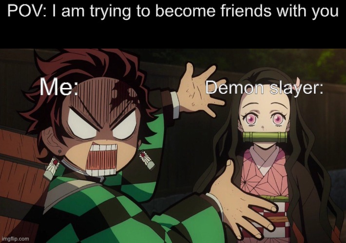 Our Nezuko | POV: I am trying to become friends with you; Demon slayer:; Me: | image tagged in our nezuko | made w/ Imgflip meme maker