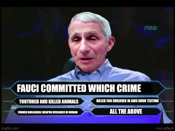 fauci Who Wants to be a Millionaire | FAUCI COMMITTED WHICH CRIME; KILLED 200 CHILDREN IN AIDS DRUG TESTING; TORTURED AND KILLED ANIMALS; FUNDED BIOLOGICAL WEAPON RESEARCH IN WUHAN; ALL THE ABOVE | image tagged in who wants to be a millionaire,dr fauci,criminal,traitor | made w/ Imgflip meme maker