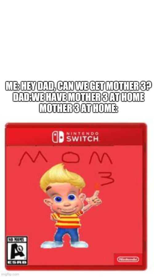 Mother 3 | ME: HEY DAD, CAN WE GET MOTHER 3?
DAD:WE HAVE MOTHER 3 AT HOME
MOTHER 3 AT HOME: | image tagged in blank white template,earthbound | made w/ Imgflip meme maker