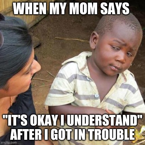 Suspicious Activity | WHEN MY MOM SAYS; "IT'S OKAY I UNDERSTAND" AFTER I GOT IN TROUBLE | image tagged in memes,third world skeptical kid,funny,fun,sus,relatable | made w/ Imgflip meme maker