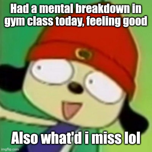 Me when | Had a mental breakdown in gym class today, feeling good; Also what'd i miss lol | image tagged in me when | made w/ Imgflip meme maker
