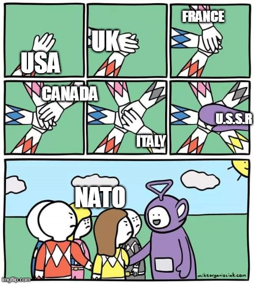 Power Ranger and Teletubby | FRANCE; UK; USA; CANADA; U.S.S.R; ITALY; NATO | image tagged in power ranger and teletubby | made w/ Imgflip meme maker