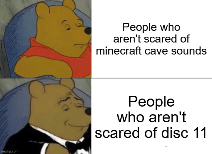 Disc 11 The (literally) broken disc | People who aren't scared of minecraft cave sounds; People who aren't scared of disc 11 | image tagged in memes,tuxedo winnie the pooh | made w/ Imgflip meme maker