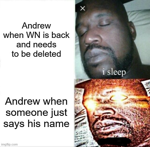 It is like that | Andrew when WN is back and needs to be deleted; Andrew when someone just says his name | image tagged in memes,sleeping shaq | made w/ Imgflip meme maker